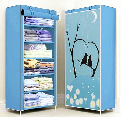 CMerchants Love Bird Print Wardrobe 6 Layer PP Collapsible Wardrobe(Finish Color - Blue, DIY(Do-It-Yourself))