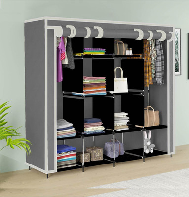 MS MODSTYLE portable Almirah Foldable closet for Clothes 12 Shelves , 1 Side Pocket (88170) PP Collapsible Wardrobe(Finish Color - Grey, DIY(Do-It-Yourself))