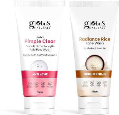 Globus Naturals Face Wash Combo -Glycolic & Salicylic Acid & Radiance Rice Face Wash, 150 gms(2 Items in the set)