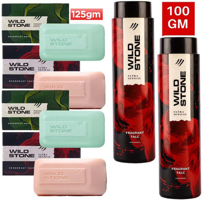 Wild Stone Fragrant Ultra Sensual Talc 2X 100g + Forest Spice & Ultra Sensual Soap 4 X 125g(6 x 116.67 g)