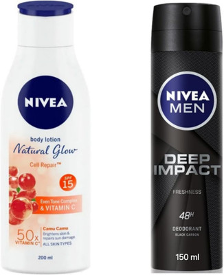 NIVEA Natural Glow Cell Reapir Body Lotion - 200ml & Deep Impact Deodorant - 150ml(2 Items in the set)