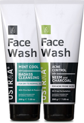 USTRAA Face Wash - Dry Skin (Mint Cool) - 200 g & Face Wash Acne Control - With Neem & Charcoal - 200 g(2 Items in the set)