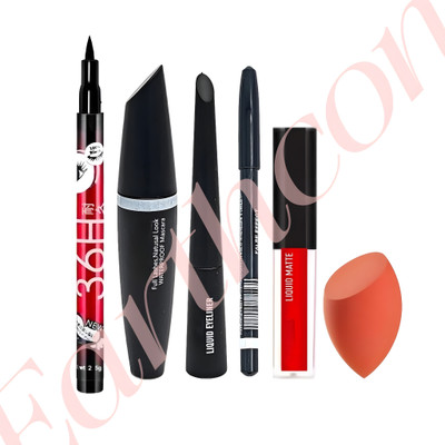 Earthcon Waterproof Eyeliner Mascara Soft Puffwith Liquid Matte Lipstick Red Edition(4 Items in the set)
