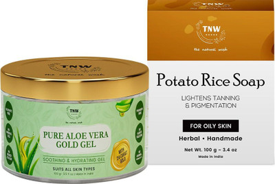 TNW - The Natural Wash Combo of Pure Aloe Vera Gel(100ml)for Face Skin, Acne, Scars & Sunburn Treatment with 24K Gold with Handmade Potato Rice Soap(100g) Reduces Tanning & Pigmentation-Diminishes Dark Spots(2 Items in the set) TNW - The Natural Wash Combo of Pure Aloe Vera Gel(100ml)for Face Skin, Acne, Scars & Sunburn Treatment with 24K Gold with Handmade Potato Rice Soap(100g) Reduces Tanning & Pigmentation-Diminishes Dark Spots(2 Items in the set)