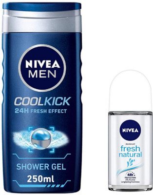NIVEA Cool Kick Shower Gel 250 ML & Fresh Natural Roll On 50 ML(2 Items in the set)