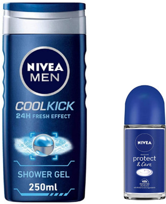 NIVEA Cool Kick Shower Gel 250 ML & Protect Care (Women) Roll On 50 ML(2 Items in the set)