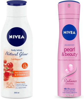 NIVEA Natural Glow Cell Reapir Body Lotion - 200ml & Pearl & Beauty Radiance Deodorant - 150ml(2 Items in the set)