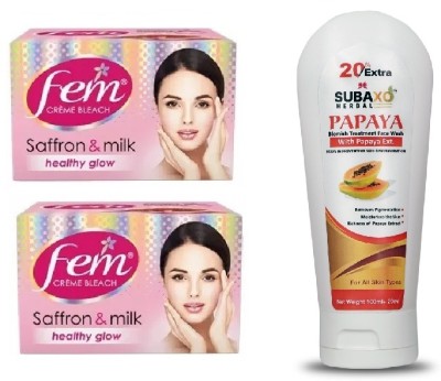 Fem SAFFRON AND MILK BLEACH 2 PC EACH 40 GM AND SUBAXO PAPAYA FACE WASH120 ML(3 Items in the set)