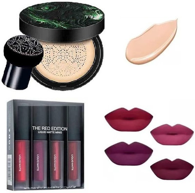 Mixonshun Mushroom Head Air Cushion With 4 Red Addition Liquid Lipsticks(Multicolor, 8 ml)