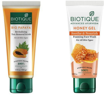 BIOTIQUE Papaya Face Scrub 100gm & Honey Gel Face Wash 100 ML(2 Items in the set)