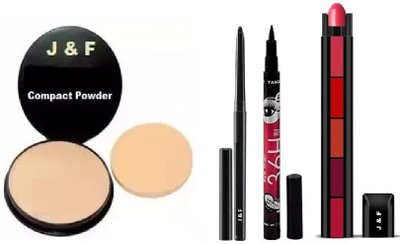 J & F Face Compact Powder, Kajal, Eyeliner , 5 in 1 Red Lipstick(4 Items in the set)