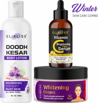 ELIBLISS Whitening Cream + Vitamin C Serum + Doodh Kesar Body Lotion Skin Care Combo(3 Items in the set)