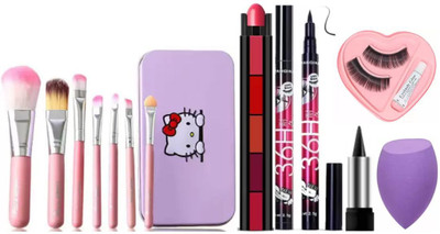 swenky 5in1 lipstick with eyeliner kajal eyelash puff & makeup brush(Pack of 7)