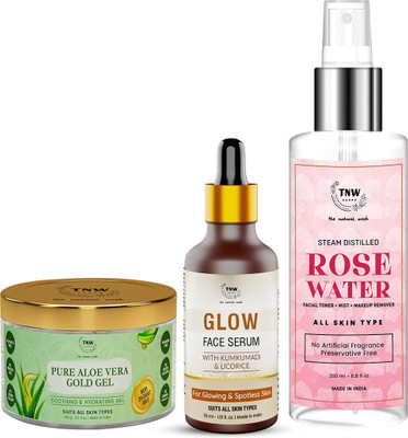 TNW - The Natural Wash Combo of 3 with Glow Face Serum, Pure Aloe Vera Gold Gel & Steam Distilled Rose Water | For Glowing & Hydrated Skin(3 Items in the set)