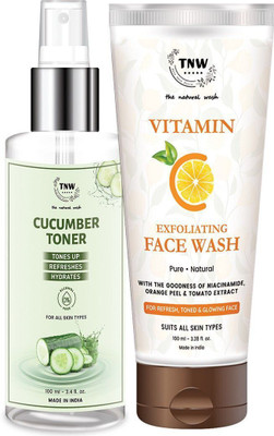 TNW - The Natural Wash Vitamin C Exfoliating Face Wash, Pure Aloe Vera Gold Gel and Cucumber Toner | For Glowing and Hydrated Skin | Chemical-Free Skincare Products(2 Items in the set)