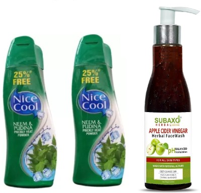 NICE COOL Neem & Pudina Talcum Powder(187) 2Pc & Subaxo Herbal Apple Cider Vinegar Face Wash 200 ml(3 Items in the set)