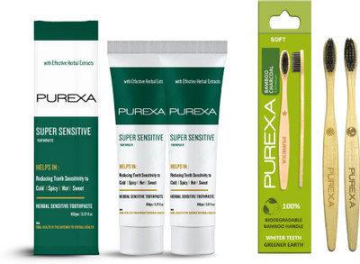 PUREXA Herbal Sensitive ,Anti Sensitivity Toothpaste with natural elements like Spinach, Rhubarb, Arnica & Licorice, Chemical free formulation highly effective in Teeth Sensitivity With Two Bamboo Charcoal Brush(4 Items in the set)