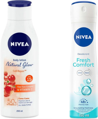 NIVEA Natural Glow Cell Reapir Body Lotion - 200ml & Fresh Comfort Deodorant - 150ml(2 Items in the set)