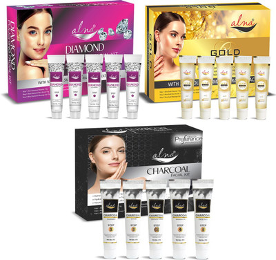 Alna Care Gold Facial kit and Diamond Facial kit with Activated Bamboo Charcoal Facial kit(2 x 112.5 g)