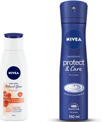 NIVEA Natural Glow Cell Repair Lotion - 75ml & Protect & Care W. Deodorant - 150ml(2 Items in the set)