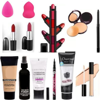 Valhalla 13 items makeup combo primer fixer foundation compact charcoal eyeliner lipstick puff(13 Items in the set)