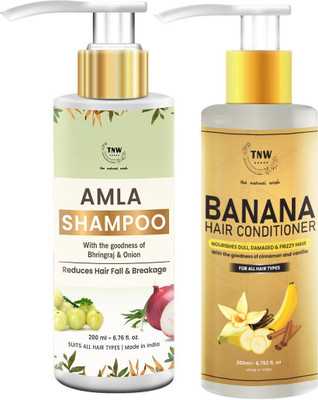 TNW - The Natural Wash Hair fall & Frizzy hair Shampoo Combo Pack (Amla Shampoo + Banana Conditoner) 400 ml Nourishes Your Hair, Making them Soft, Manageable, and Shiny for Men and Women(2 Items in the set)