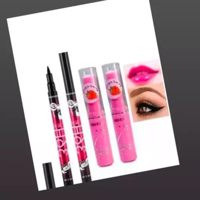 DIVYA UNIQUES 36 h black made with waterproof eyeliner pen pack of 2 +fruit juic magic pink lipstick combo(4 Items in the set)