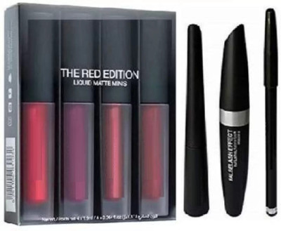 SUBHMUN Eyebrow Black Pencil & Mascara & Liquid Eyeliner with H Red Edition Lipsticks set of 4(2 Items in the set)