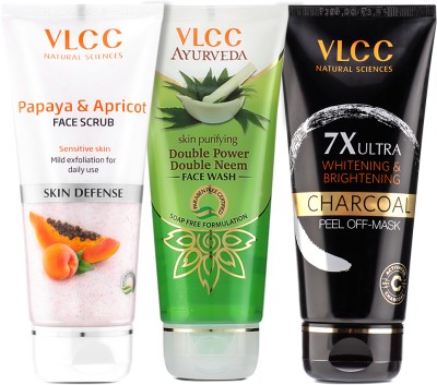 VLCC Double Power Neem Facewash and Papaya Facescrub and Charcoal Peel off Mask(3 Items in the set)