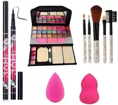 TUMR (2)36H BLACK EYELINER+6155 MULTICOLOR MAKEUP KIT+5PC. MAKEUP BRUSH+2 BLENDER PUFF(10 Items in the set)