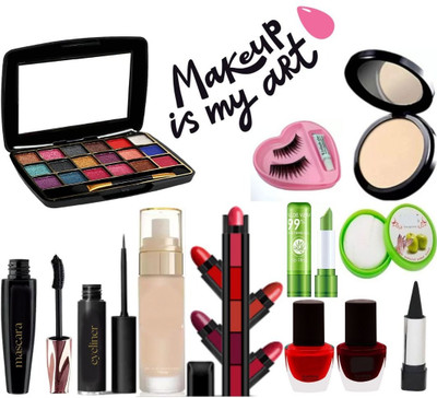swenky eyeshadow with eyeliner mascara kajal lipstick nail polish compact & eyelash(Pack of 12)