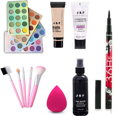 Zailie 60 Clr Eyeshadow,Primer,Fixer,Foundation,5 Pcs brush,Puff,Eyeliner(7 Items in the set)