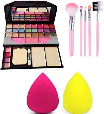 J & F Makeup eyeshadow Kit + 5 Pcs Makeup Brush + 2 Pc Blender Puff Combo - Multicolor(5 Items in the set)