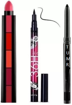 TUMR BLACK KAJAL WITH 36 H BLACK EYELINER AND 5IN1 MULTICOLOR LIPSTICK(3 Items in the set)
