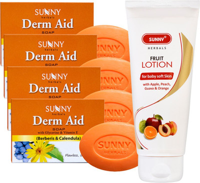 Sunny Herbals Fruit Lotion 100Ml and Derm Aid Soap-75gm x 4(5 Items in the set)