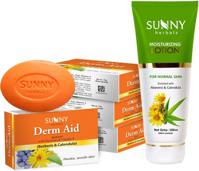 Sunny Herbals Moisturizing Lotion (With Aloevera & Calendula)-100 Ml and Derm Aid Soap-75gm x 4(5 Items in the set)