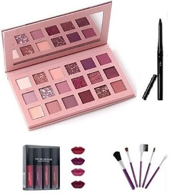 Zailie 18 Color Eyeshadow Palette with 5 Pc Makeup Brush , 4 in 1 Matte Red Edition Lip(4 Items in the set)