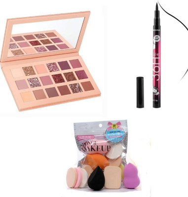 TUMR 18 multicolor makeup kit with 36h black eyeliner and 6in1 puff set(Pack of 3)