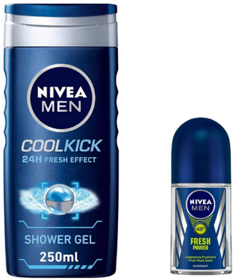 NIVEA Cool Kick Shower Gel 250 ML & Fresh Power Roll On 50 ML(2 Items in the set)