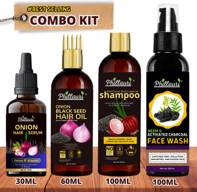 Phillauri Onion Hair oi, Hair Serum and Hair Shampoo, Charcoal Facewash Combo kit(4 Items in the set)