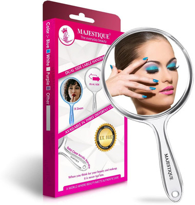 MAJESTIQUE Dual Side Large Handheld Mirror, 1X/10X Round Magnifying Makeup Mirror - White