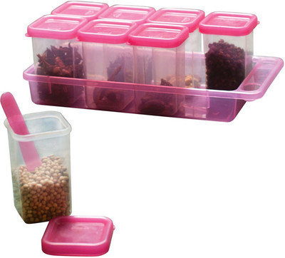 Masala Container Set with Organiser Tray and Spoon | Spice Organiser 8 Piece Spice Set(Polypropylene)