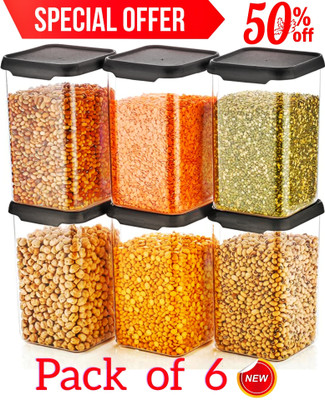 RK EMPIRE Plastic Grocery Container  - 1100 ml(Pack of 6, Black, Clear)