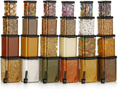 METGUNZ Plastic Grocery Container  - 1400 ml, 900 ml, 650 ml, 350 ml(Pack of 24, Black)