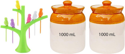 GOOD TO GREAT CREATION Ceramic Pickle Jar  - 1000 ml(Pack of 2, Brown, White)
