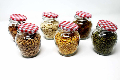 RUTVIHK Glass Grocery Container  - 250 ml(Pack of 6, Red, Clear)