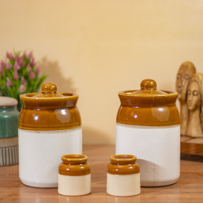 GOOD TO GREAT CREATION Ceramic Pickle Jar  - 1000 ml(Pack of 2, Brown, White)