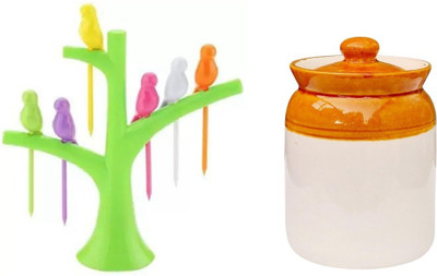 Newai Ceramic Pickle Jar  - 1000 ml(Brown, White)