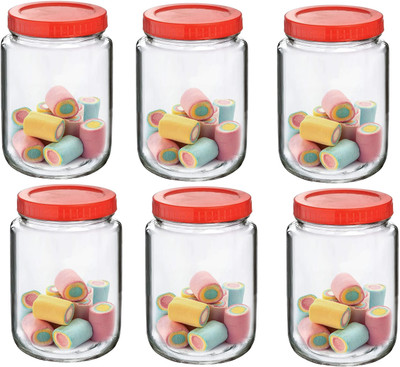 AAnami Glass Pickle Jar  - 1000 ml(Pack of 6, Red)