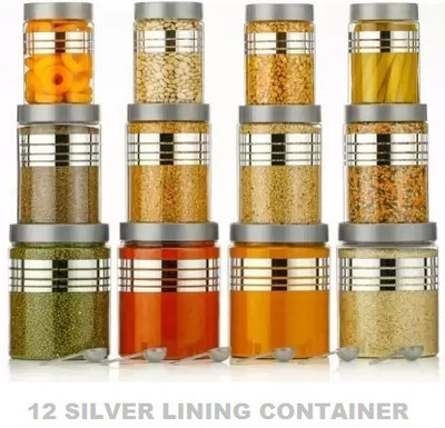 Serenity Plastic Grocery Container  - 1200 ml, 650 ml, 350 ml(Pack of 12, Silver)